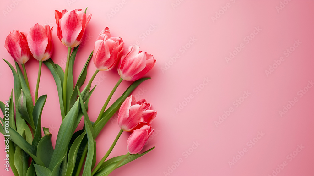 Spring tulip flowers on pink background top view in flat lay style. Greeting for Womens or Mothers Day or Spring Sale Banner