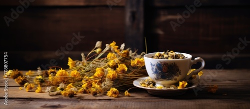 Yellow dried flowers mixed with herbal tea.