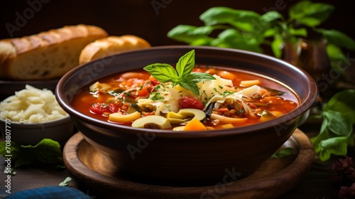 A bowl of hearty minestrone soup with a variety of vegetables and pasta.