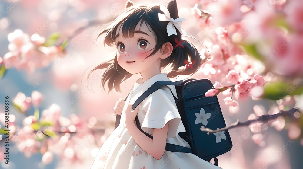 Cute asian japanese girl with cherry blossom pink flowers blooming in garden traditional style student backpack white dress happy smiling back to school anime illustration Cute asian japanese girl with cherry blossom pink flowers blooming in garden traditional style student backpack white dress happy smiling back to school anime illustration