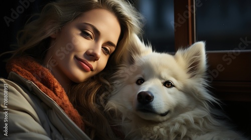 Smiling woman with a white dog