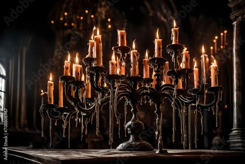 A gothic candelabrum with dripping wax candles, creating a spooky atmosphere in a haunted mansion. photo