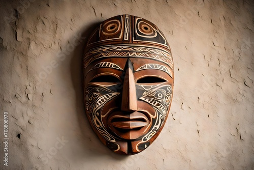 A weathered wooden mask with tribal carvings, hanging on a plain wall. photo