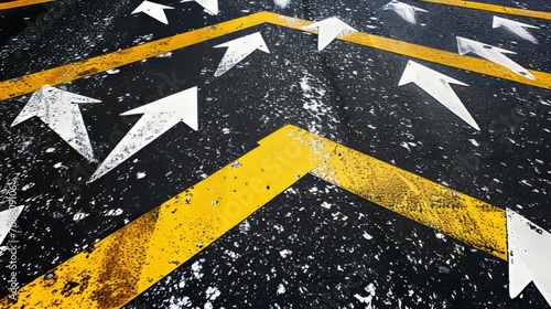 Textured Road Arrows and Yellow Lines. Overhead view of weathered road markings with contrasting arrows and lines.