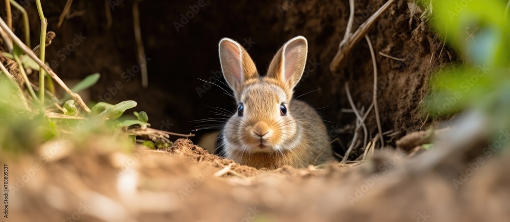 Young rabbit in Spring, ready to venture out of burrow, attentive and looking right. Close up. Oryctolagus cuniculus. Space for text. Young rabbit in Spring, ready to venture out of burrow, attentive and looking right. Close up. Oryctolagus cuniculus. Space for text.