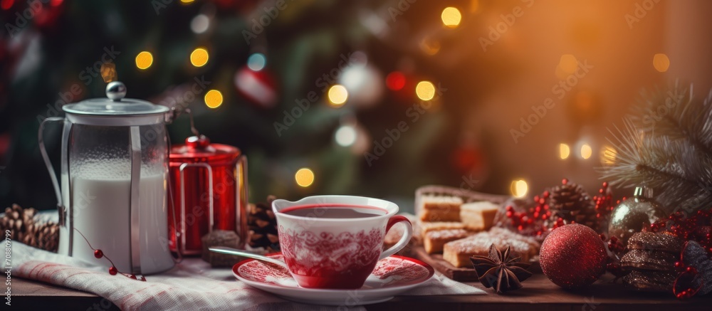 Table adorned with Christmas decorations, coffee maker, and mug. New Year's breakfast with fairy lights and glasses on tray beside Christmas tree.