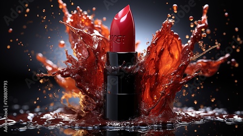 Red lipstick submerged in a brown liquid