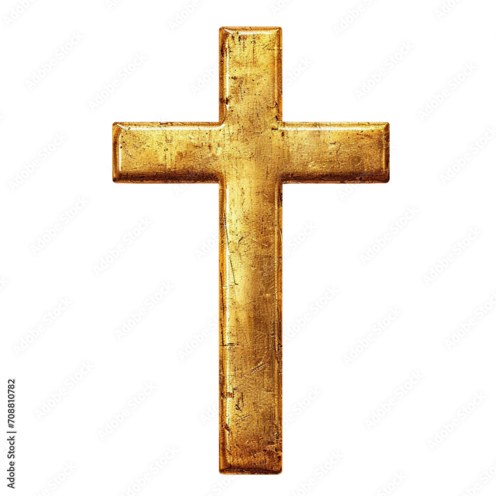 Crucifix or cross symbol real gold texture isolated on white background 
