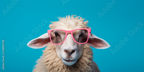 portrait of a a sheep wearing pink glasses and a jacket and showing her copy space. a sheep wearing sunglasses stands out against a vibrant blue background.AI Generative