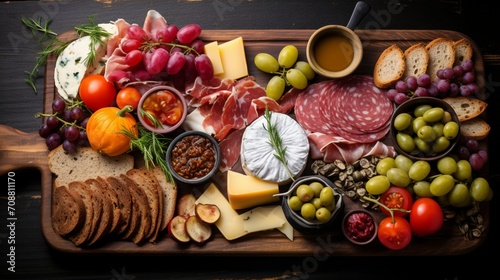 A charcuterie board filled with cured meats, cheeses, and pickled vegetables. photo