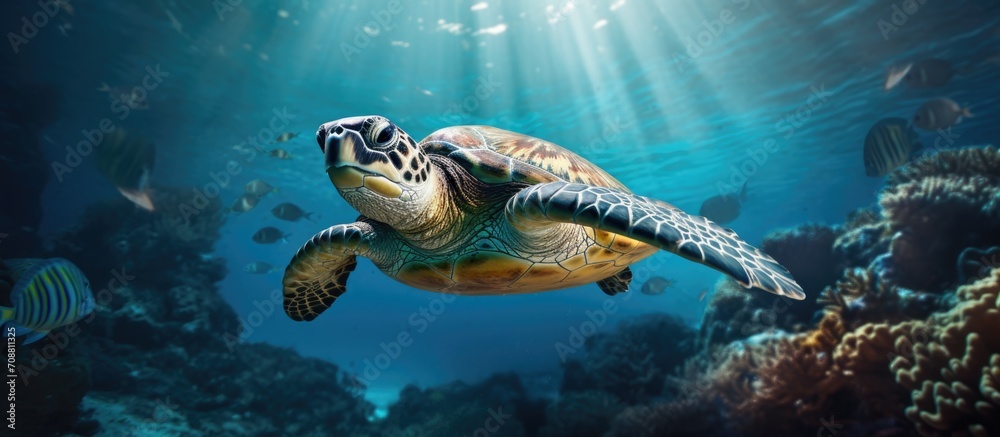 Fototapeta premium Hawksbill sea turtle swimming underwater.