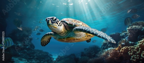 Hawksbill sea turtle swimming underwater. © AkuAku