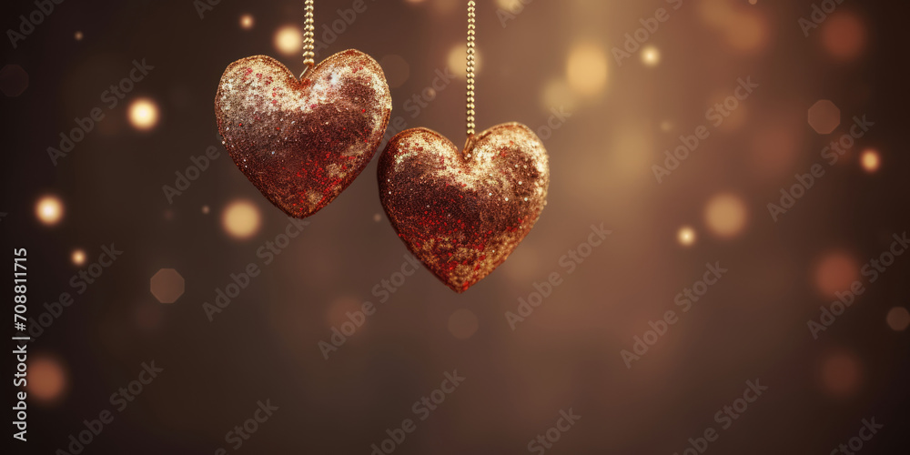 Valentines day background with two red hearts hanging on a golden background with bokeh. Two Heart-shaped pendants. Valentines. Love, Wedding, Romantic concept