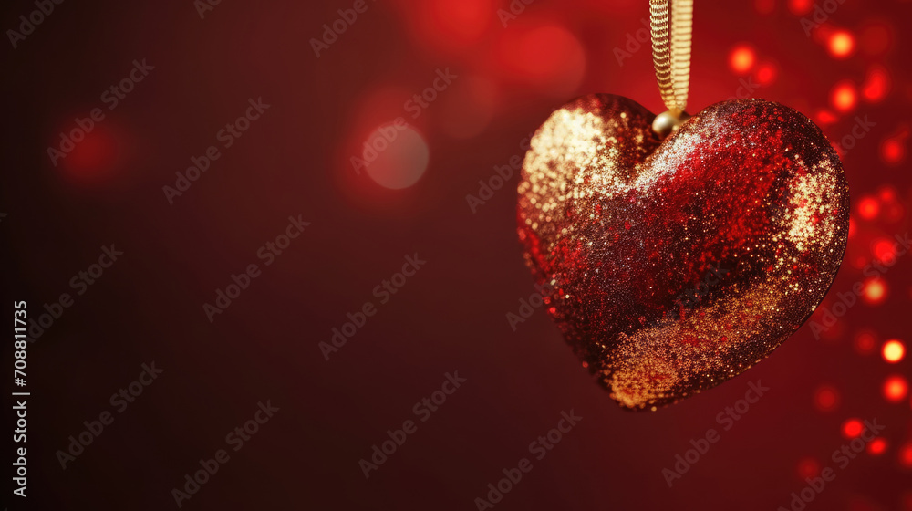 Fototapeta premium Valentine's day background with red heart and bokeh. Valentine hanging on a red background, copy space. Heart-shaped pendant. Love, Wedding, Romantic concept