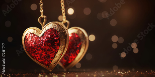 Golden hearts on bokeh background. Heart-shaped pendants. Valentine's day, Love, Wedding, Romantic concept