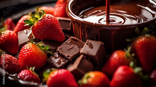 A close-up of a decadent chocolate fondue fountain with strawberries for dipping. photo