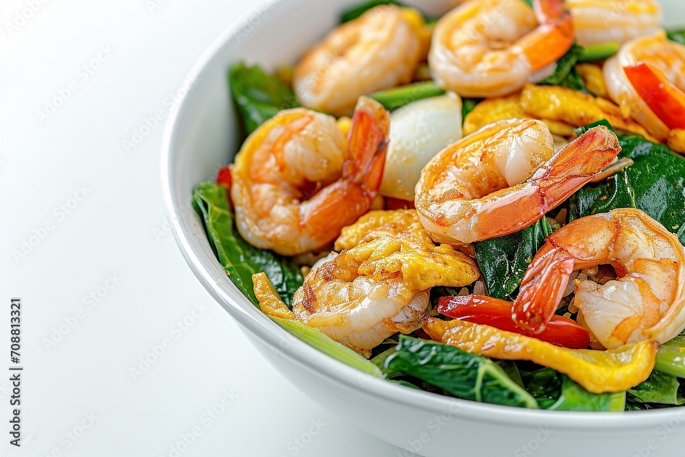 Shrimp stir fry on white background - Generative AI Shrimp stir fry on white background - Generative AI