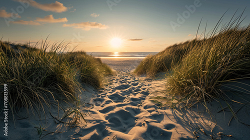Step onto the dune beach at sunset.