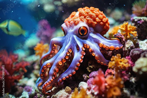 Underwater wonder. Captivating image featuring an octopus amidst vibrant corals. Perfect for projects related to marine life and ocean exploration. Dive into the beauty.