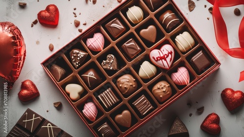 Fototapeta Naklejka Na Ścianę i Meble -  Decadent Delights - Assorted Chocolates in Square and Heart Shapes, Nestled in an Open Box with a Ribbon