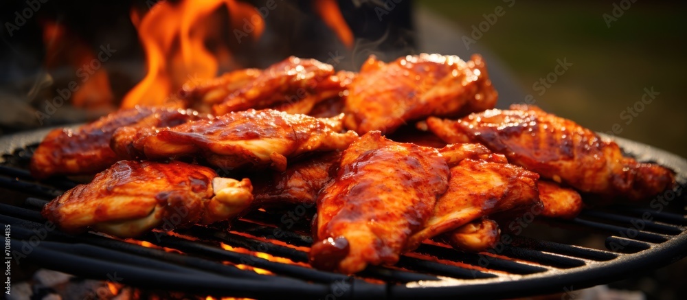 Spicy chicken leg pieces marinated in gochujang paste, honey, soya sauce, and garlic served outdoors with apple cider on a winter day. Spicy chicken leg pieces marinated in gochujang paste, honey, soya sauce, and garlic served outdoors with apple cider on a winter day.
