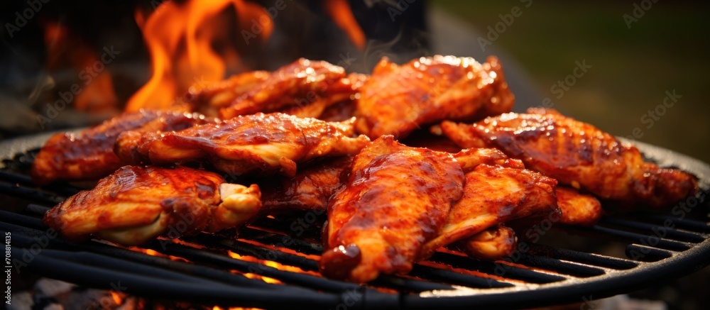 Spicy chicken leg pieces marinated in gochujang paste, honey, soya sauce, and garlic served outdoors with apple cider on a winter day.