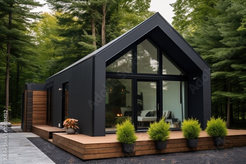 Black modern house in the woods