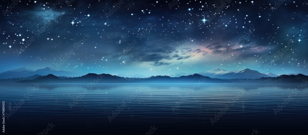 Nighttime ocean horizon with stars and falling star.