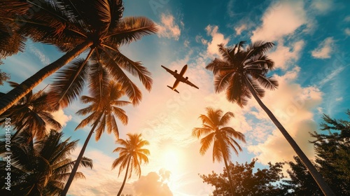 A commercial plane flying above palm trees at sunset, jet plane flying over tropical island © Kaleb