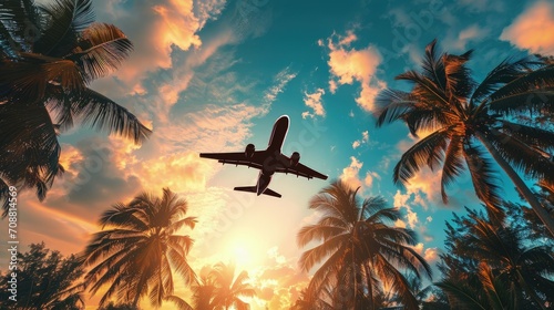 A commercial plane flying above palm trees at sunset, jet plane flying over tropical island
