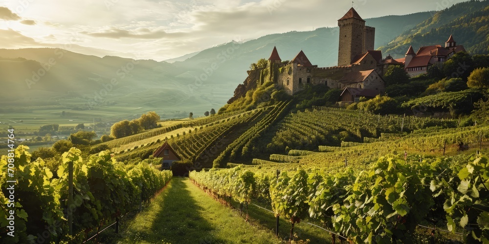 Naklejka premium Medieval landscape with castle on top of a mountain surrounded by vineyard plantations