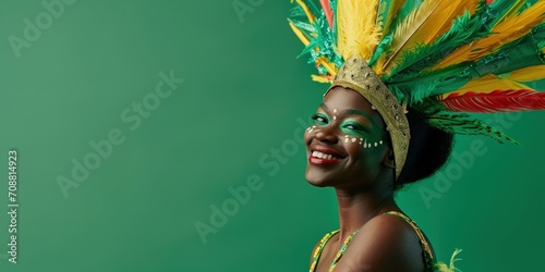 Brazilian black woman in carnival costume on green background with copy space