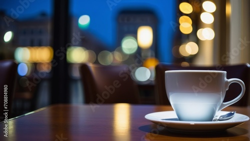 a cup of coffee on the table in a cafe with bokeh