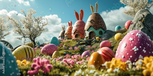 Easter fantasy world with bunnies, giant chocolate eggs and colorful sweets photo