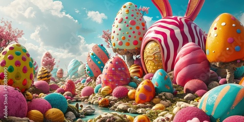 Easter fantasy world with bunnies, giant chocolate eggs and colorful sweets © Kaleb