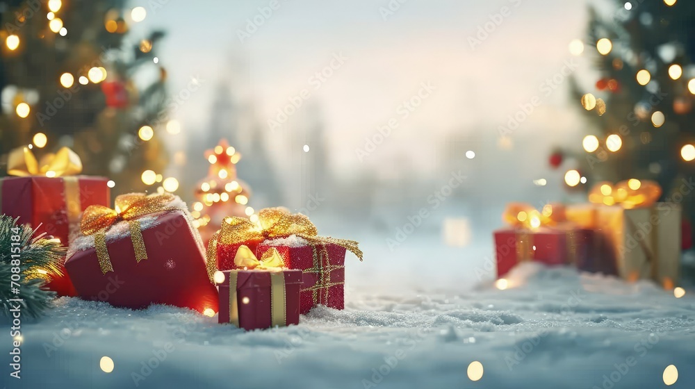Christmas gifts near christmas tree in snow, christmas background Christmas gifts near christmas tree in snow, christmas background
