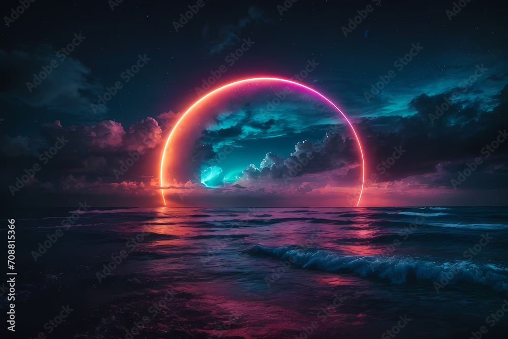 Long exposure of a colorful rainbow of light traces in a beautiful curved path between the rocks over the Mediterranean Sea in the Costa Brava shoreline on sunset. Generative Ai Long exposure of a colorful rainbow of light traces in a beautiful curved path between the rocks over the Mediterranean Sea in the Costa Brava shoreline on sunset. Generative Ai