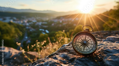 Compass on top of stone with landscape of mountains and forest in the background