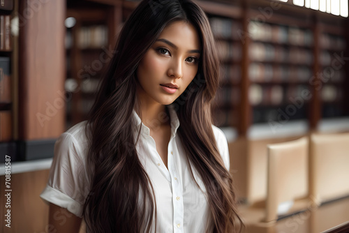 Close-up portrait of young promising beautiful businesswoman in business suit in office. A businesswoman in an office, symbolizing professionalism and work in a corporate environment. Generative Ai.