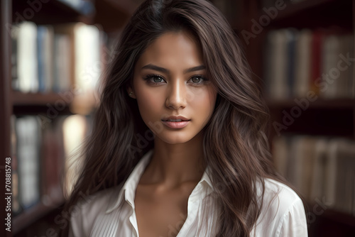 Close-up portrait of young promising beautiful businesswoman in business suit in office. A businesswoman in an office  symbolizing professionalism and work in a corporate environment. Generative Ai.