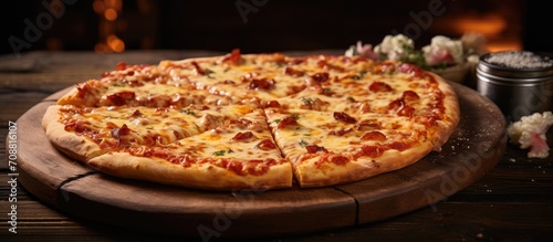 Cheesy pizza on wooden table.