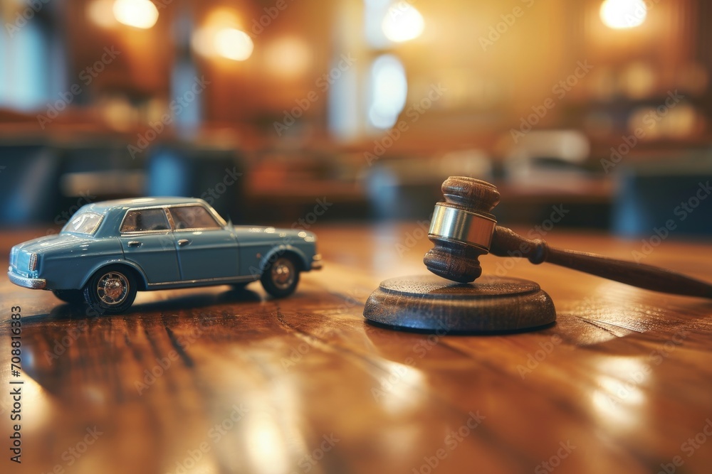Miniature car and judge's gavel on a wooden table in the courtroom, Vehicle auction concept Miniature car and judge's gavel on a wooden table in the courtroom, Vehicle auction concept