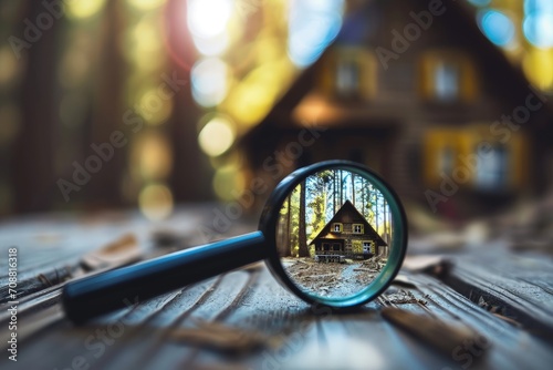 Magnifying glass analyzing wooden cabin in forest