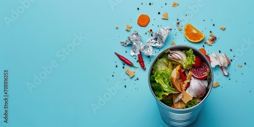 Metallic trash can with leftover food isolated on blue background, Trash bin with organic waste