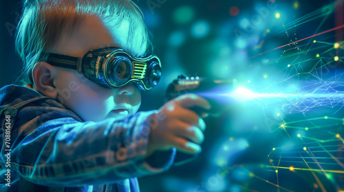 Little boy playing with a gun. Future and technology concept, virtual reality headset to study science home online study futuristic lifestyle learning