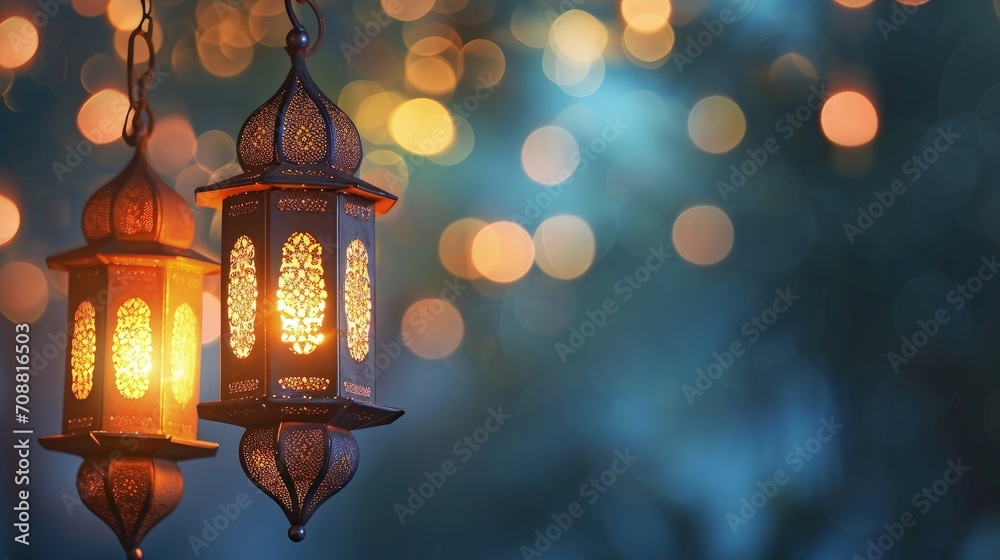 Ramadan card with Arabic lanterns on blue background with blurred lights and copy space