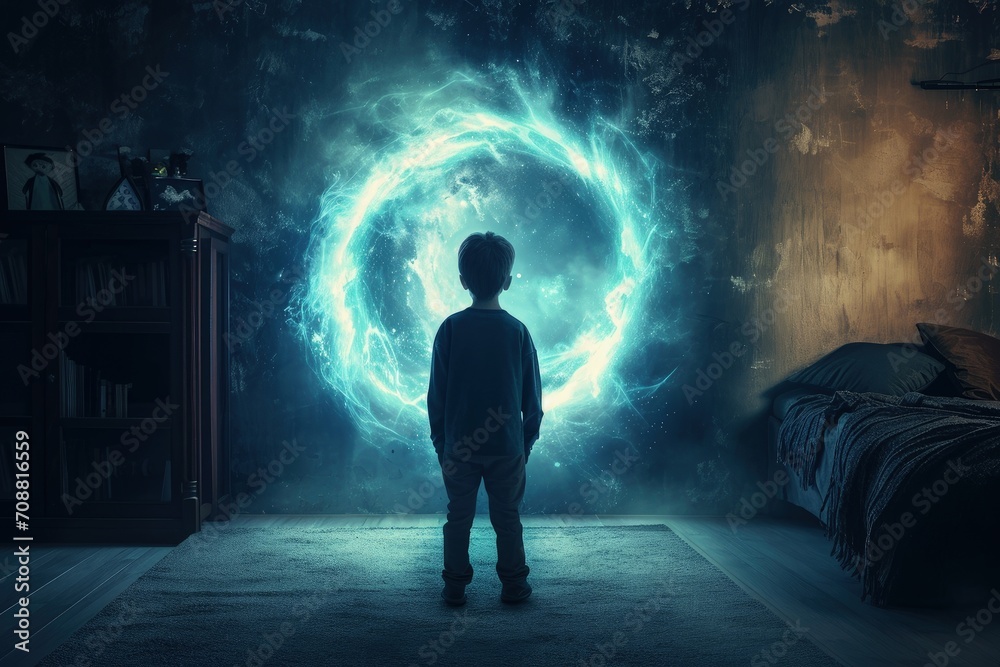 Obraz premium Boy entering the video game world inside the room, portal to the fantasy world inside the room