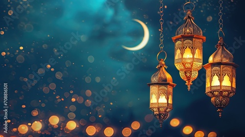 Ramadan card with arabic lanterns and moon on blue background with blurred lights and copy space
 photo