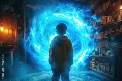 Boy entering the video game world inside the room, portal to the fantasy world inside the room