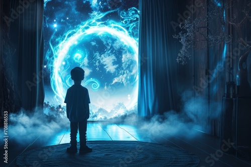 Boy entering the video game world inside the room, portal to the fantasy world inside the room